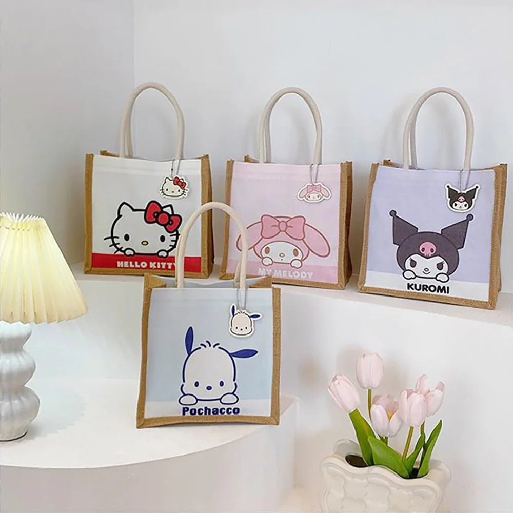 

Sanrio Linen Handbag Summer Cute Cartoon Tote Outdoor Picnic Burlap Lunch Bag Kawaii Storage Bag Female Women's Satchel Backpack