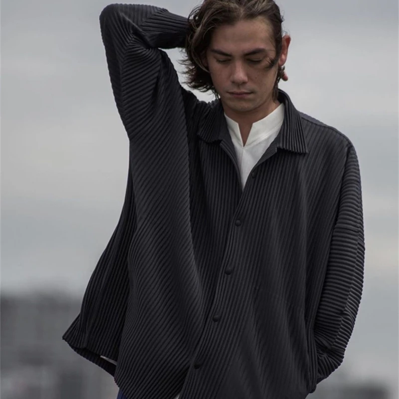 Lssey Miyake Homme Plisse Fabric Pleated Top Men's Shirts Spring And Autumn  High Street Loose Single Breasted Casual Coat