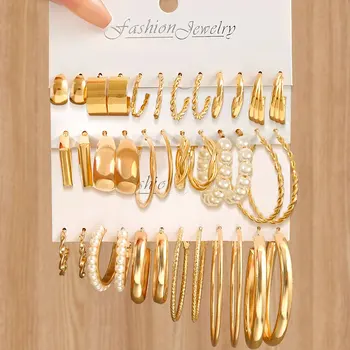 Fashion Geometric Hoop Earrings Set for Women Vintage Bohemian Pearl Gold Color Round Earring Punk Daily Wear Jewelry Gifts 2025