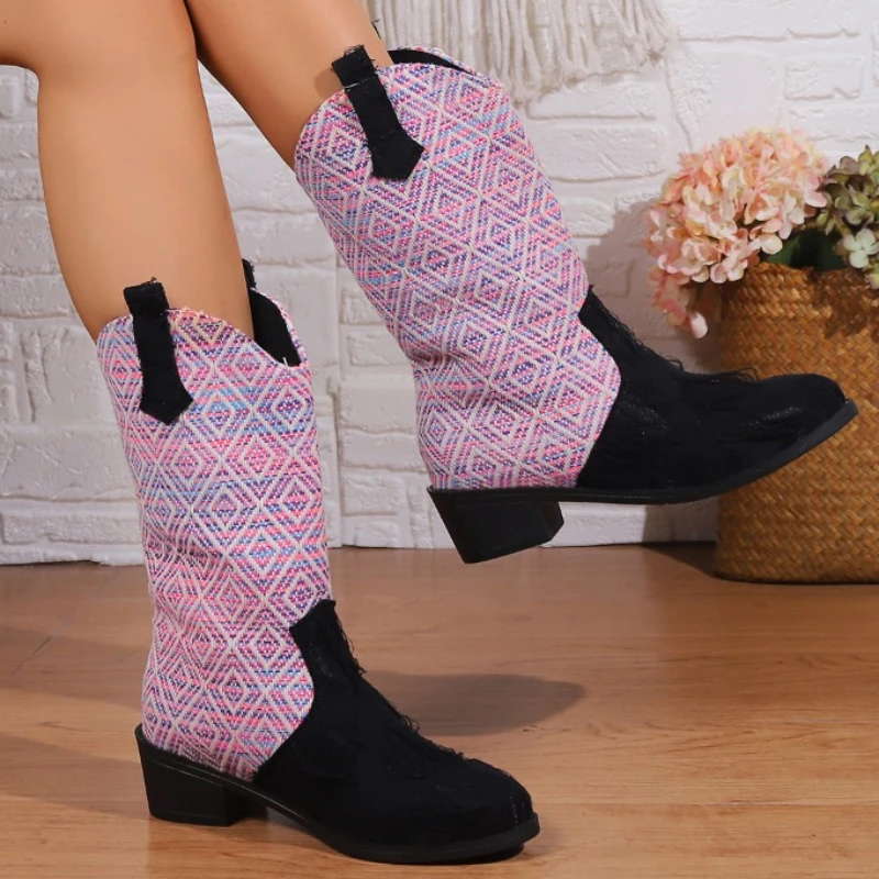 

Женские ботинки без застежки, разноцветные ботинки до середины икры на низком каблуке с круглым носком, осень 2023