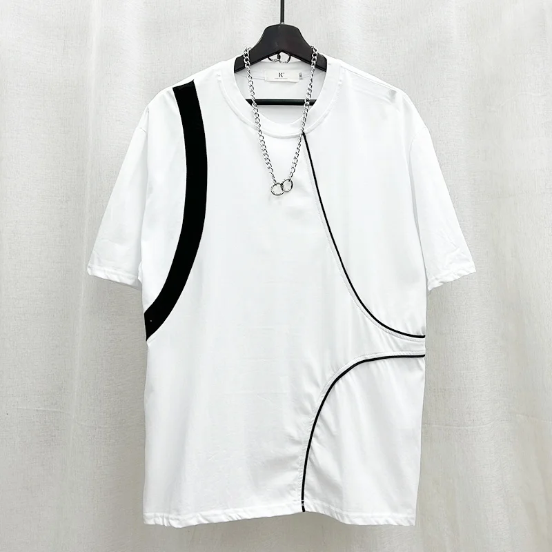 

2023 Summer New Fashion Casual Contrast Color Patchwork For Men's T-shirt O-neck Short Sleeve Loose Tops Men Tide 21F3716