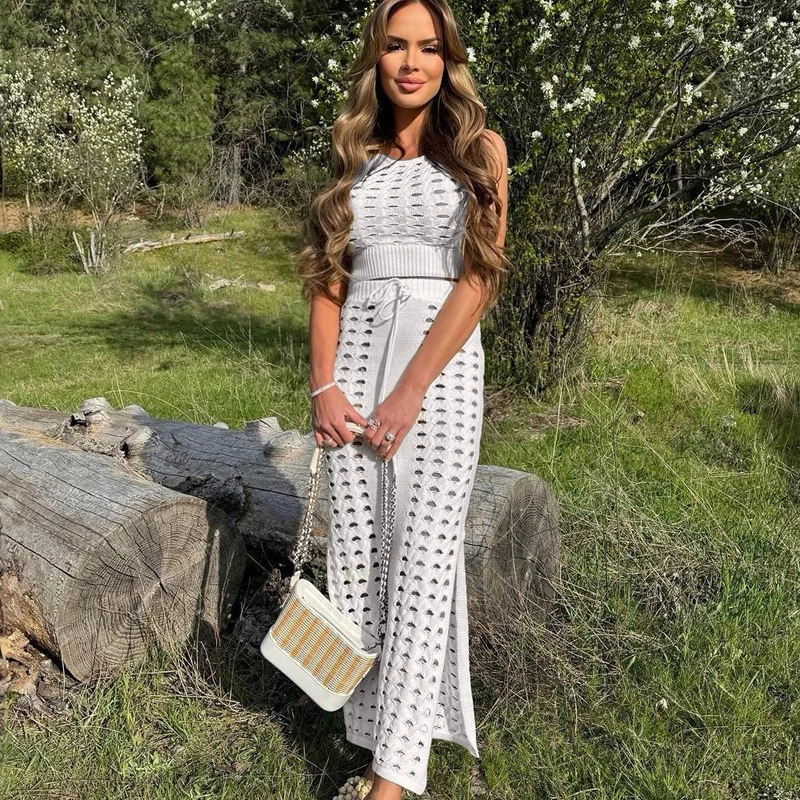 TARUXY Slim Hollow Out Skirt Suit Knitted For Women Sleeveless Strapless Top Summer New High Waisted Lace Up Split Long Skirt