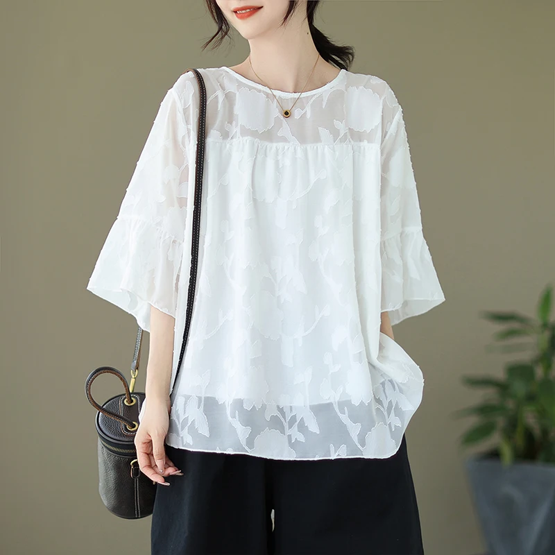 Fashion Minimalist Korean Version Solid Color Round Neck Lace Sheer Summer New Style Versatile Short Sleeved Loose Chiffon Tops