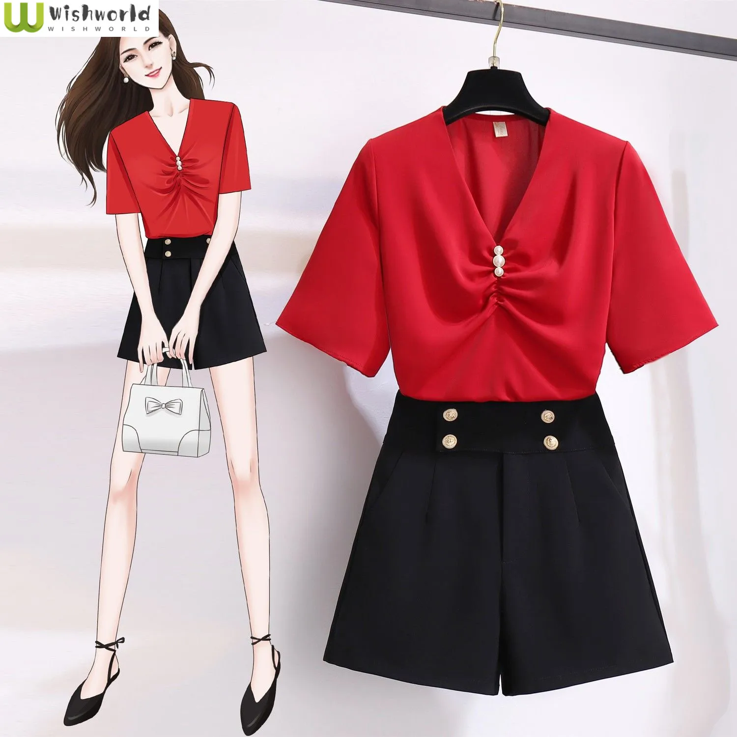 Large Size Women's Suit 2022 Summer Dress New Korean Version Reduced Age and Thin V-neck Shirt and Shorts Two-piece Set 2022 summer new korean version large size striped shirt women s short sleeved top loose and thin casual shirt bottoming shirt