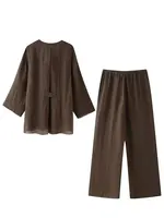 HH Pajama Style Pants Sets Women Fashion Kimono Style Lace Up Shirt Top Elastic Waist Trousers Women's Casual Outfits - Image 2