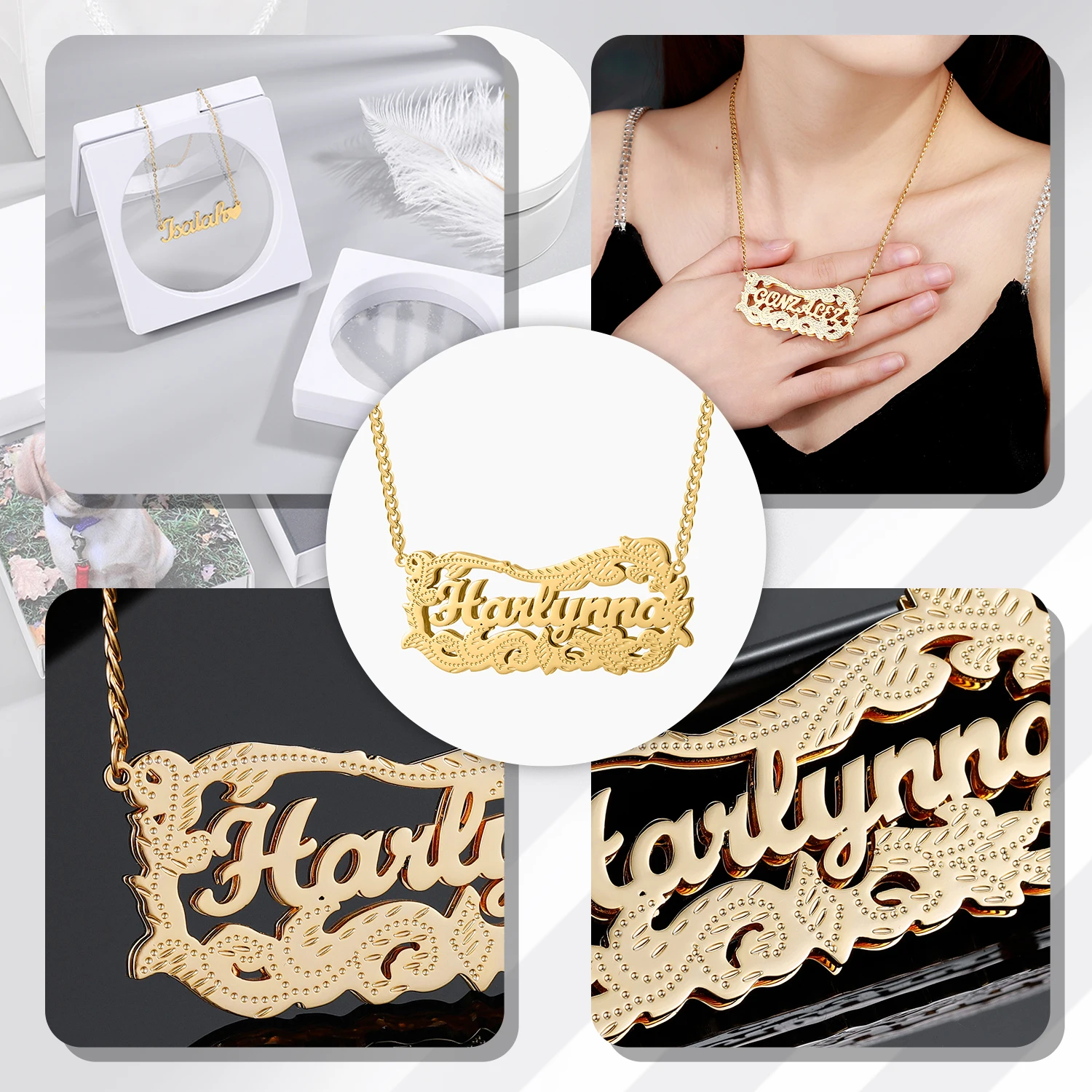 18K Plated Gold Yellow Custom 3D Double Names Chain Nameplate Pendant Necklace With Chain For Women Personalize 3D Jewelry Gifts