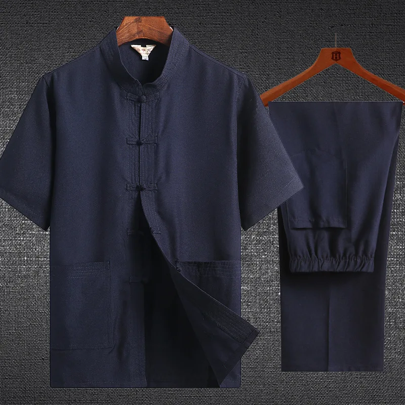 Plus size cotton linen men Tang suit short-sleeved trousers suit Chinese style Hanfu traditional kung fu Tai Chi Uniform