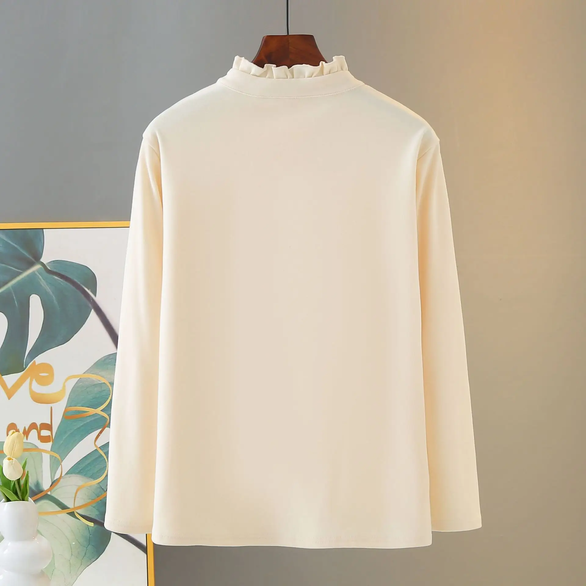 XXXXL Fashion Plus Size Women's T-Shirt DE Velvet Warm New Autumn And Winter Style Ruffled Collar Long Sleeved Inside Tops 2557