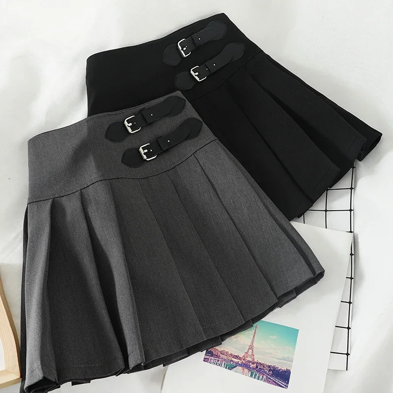 Dark Academia Women Casual High Waist Kawaii Skirts Harajuku Korean Female Solid A-Line Button Cute Sweet Pleated Skirts Summer