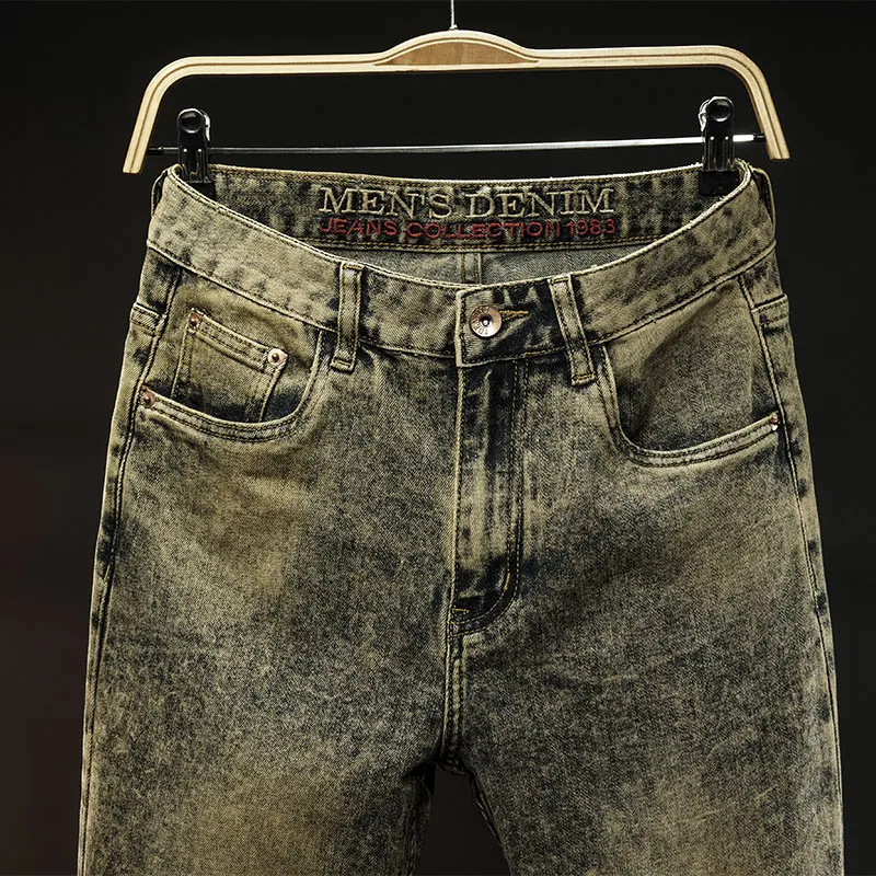 Yellow Mud Color Retro Nostalgic Men's Jeans Street Fashion Trends All-Matching and Handsome Slim Fit Skinny Distressed Trousers
