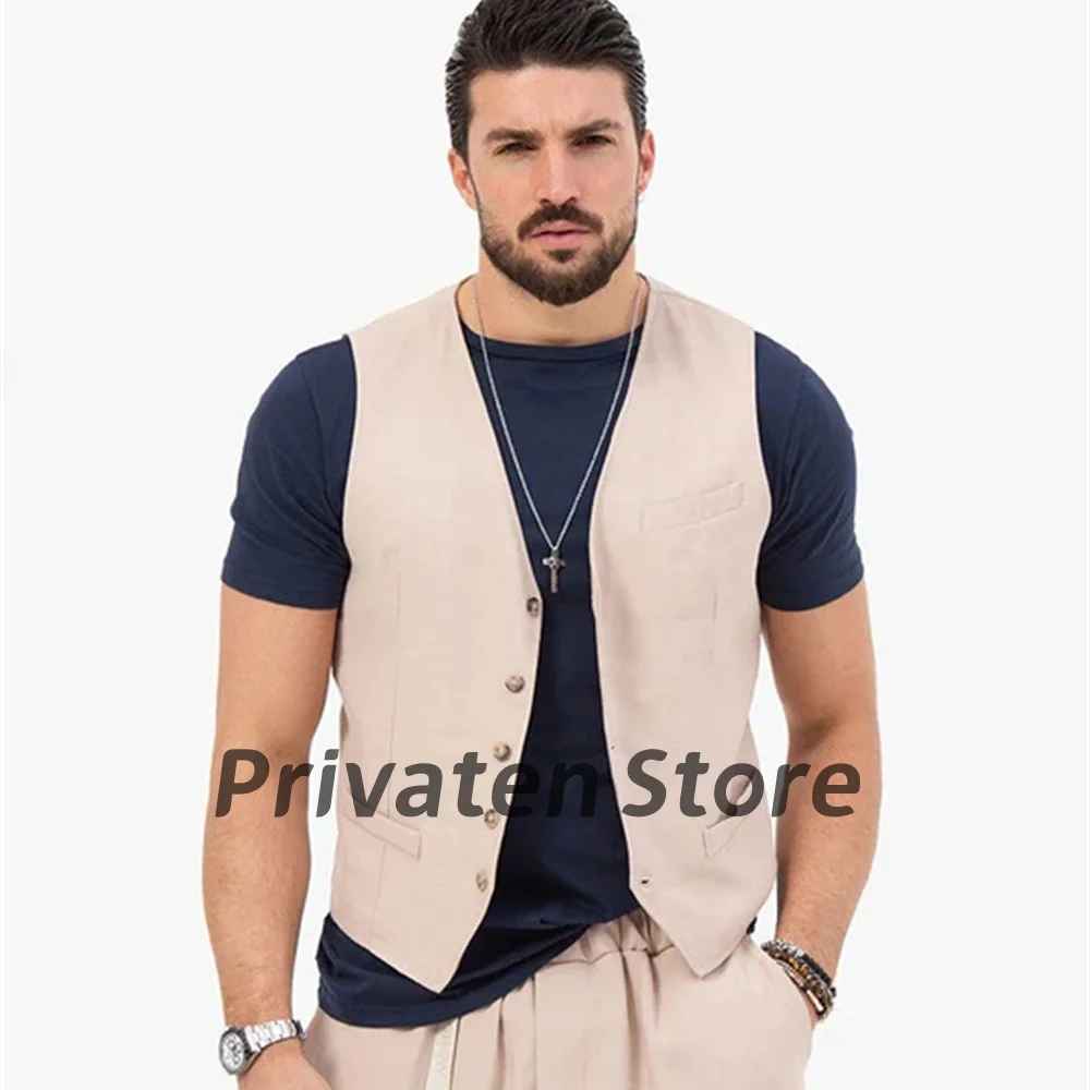 

Male Vest & Pants V-Neck Solid Button Cardigan Waistcoat Summer Leisure Linen Set Men's Clothing traje de hombre elegante