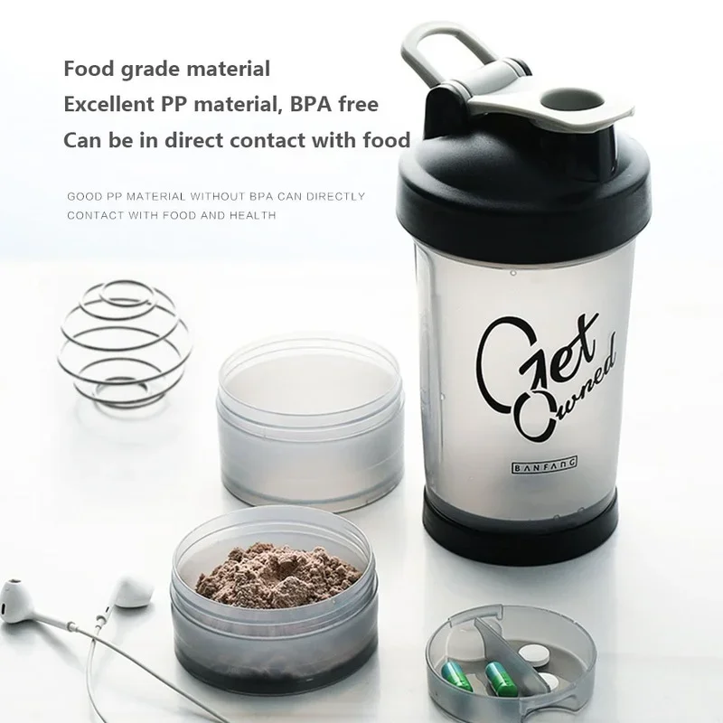 Sports Water Bottle Protein Bottle Shaker Bottle Shaking Cup Protein Shaker Cup 3 Layers Shaker Protein Bottle Powder Mixing Cup 500ml Large-capacity Portable Water Bottle Gym Bodybuilding Sports
