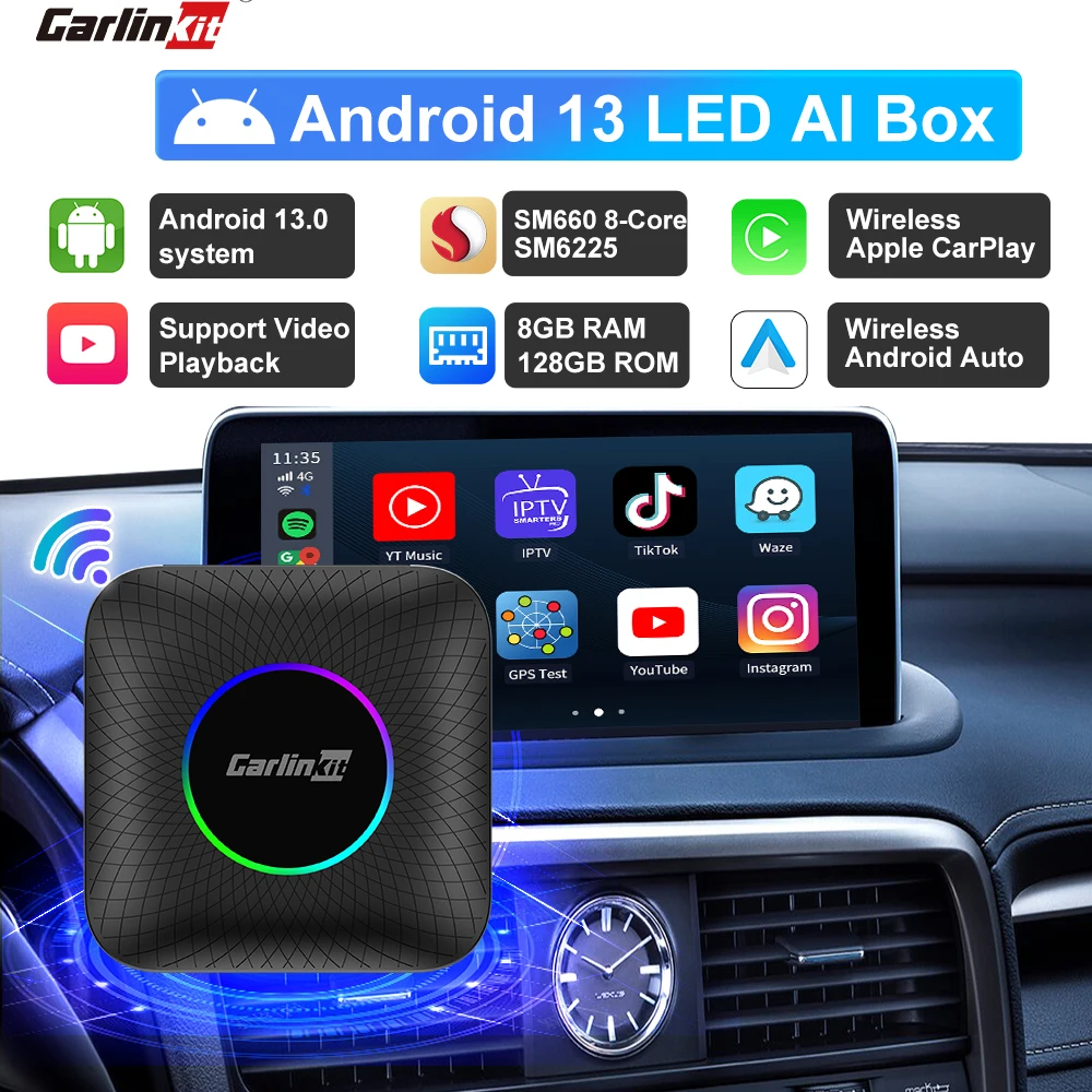 8GB+128GB CarlinKit Best Android13 CarPlay Car Ai Box LED/PLUS SM6225  8-Core Android