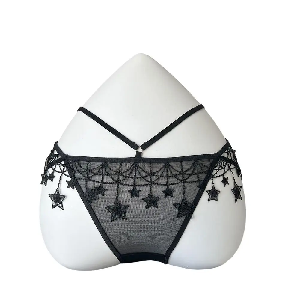 

Women Ultra Thin Mesh Transparent Panties Star Tassel Seductive Underpants Hollow Out Low Waist Briefs Lace Embroidery Panties