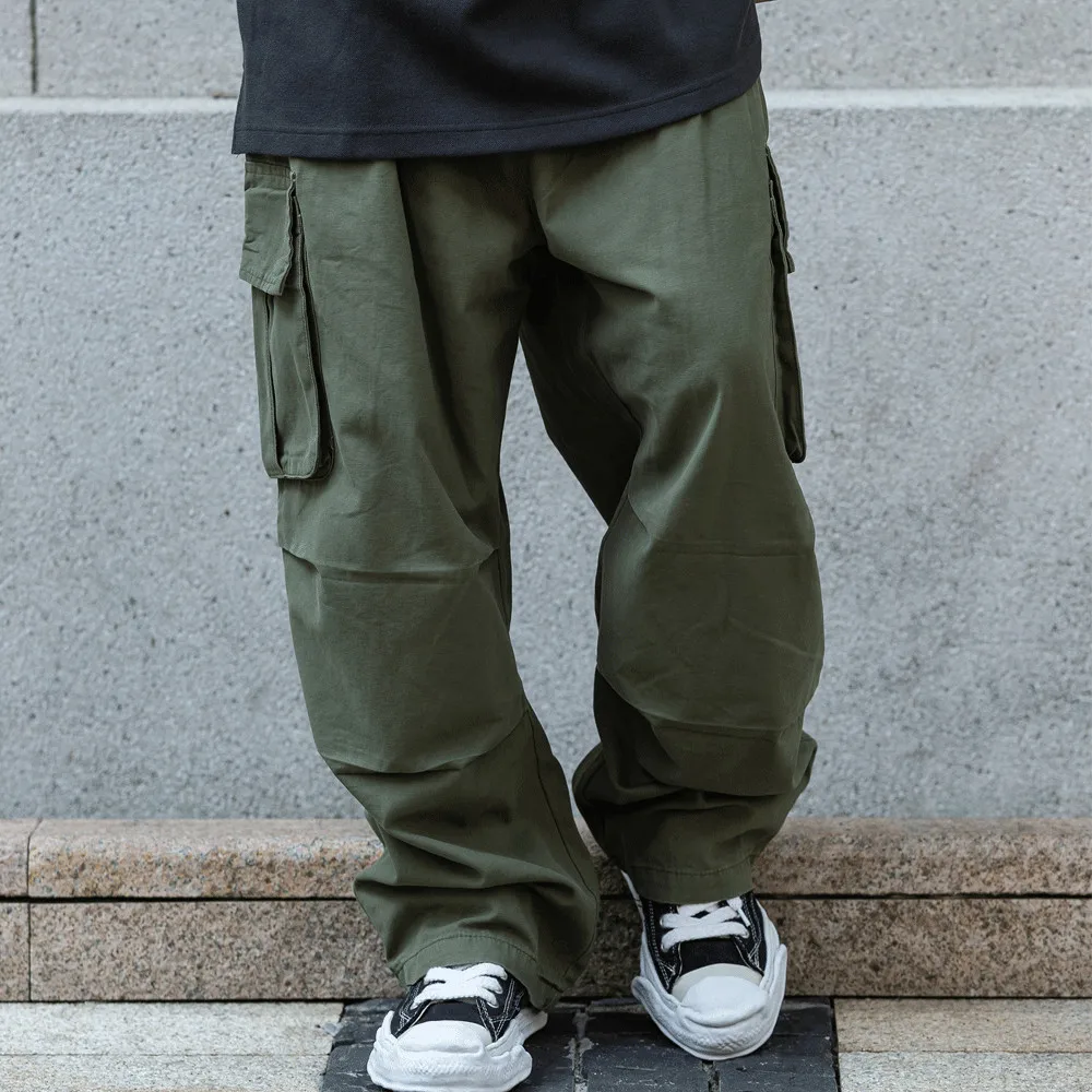 

Solid Multi-Pocket Overalls Men High Street Fashion Loose Wide Leg Pant Elastic Waist Casual Straight Trousers Khaki Black Green