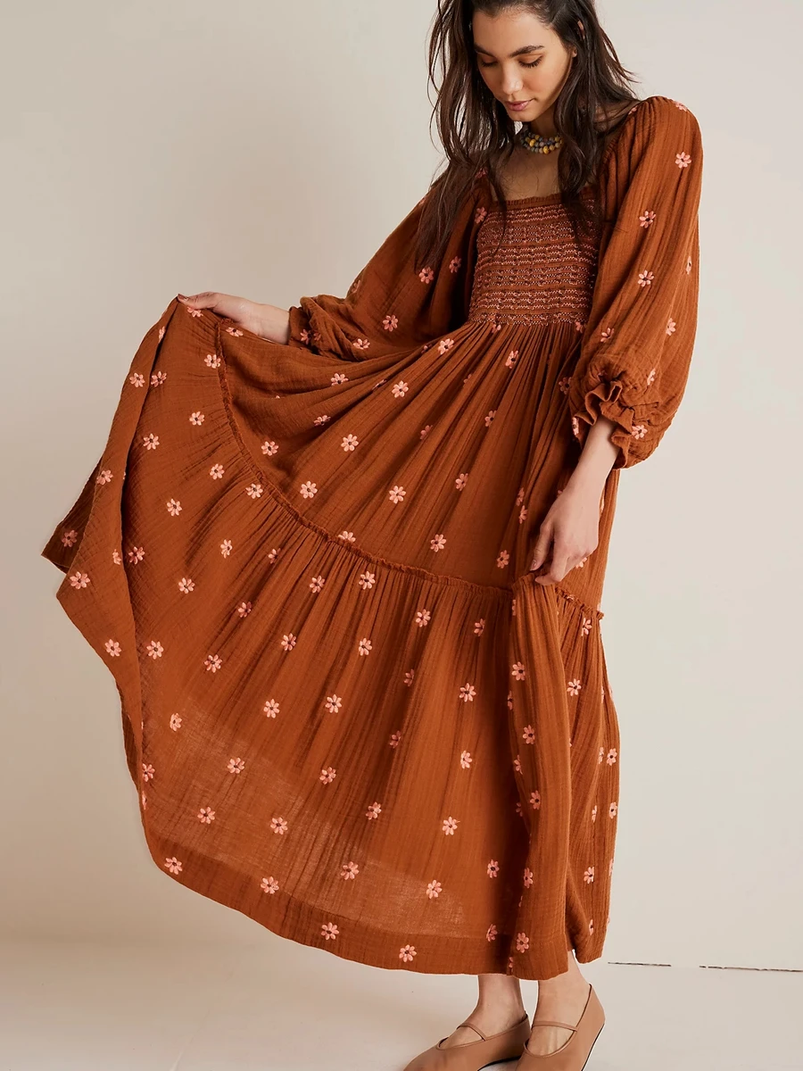 

Combhasaki Women Bohomian Vintage Lantern Long Sleeve Square Neck Embroidery Flower Beachwear Loose Swing Maxi Long A-Line Dress