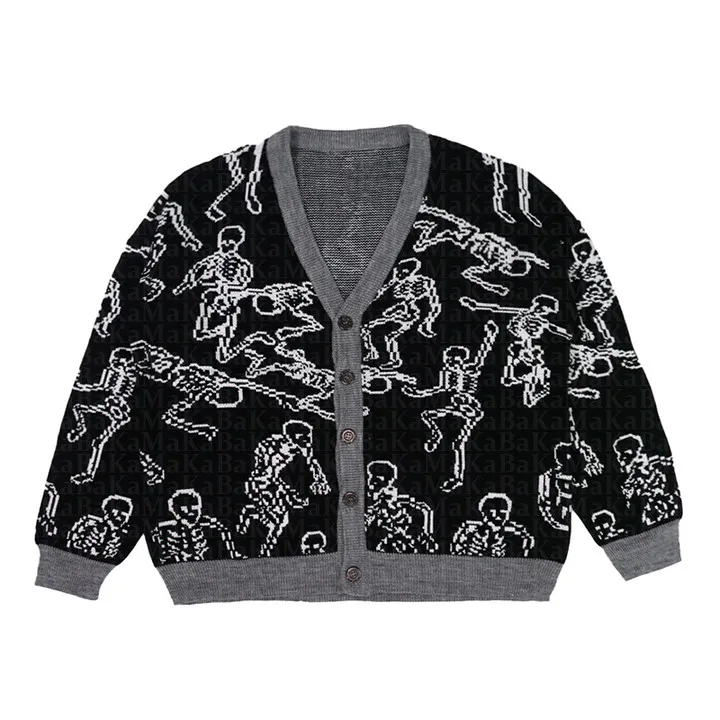 

Spring Autumn Y2K Aesthetics Retro Sweater Coat Vintage skeletons Preppy Button Up V Neck Long Sleeve Knitted Sweater Cardigan