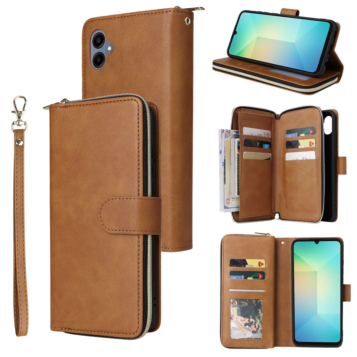 Leather Wallet Case with Zipper Card Slot and Flip Pocket Bag Cover