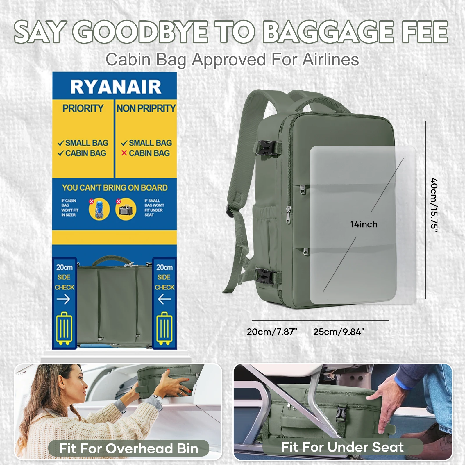 Ryanair 40x20x25 Luggage Travel Backpack, 40x30x20 Bag Men Women 15.6inch Laptop Bag Business Vacuum Storage Bag，School Backapck