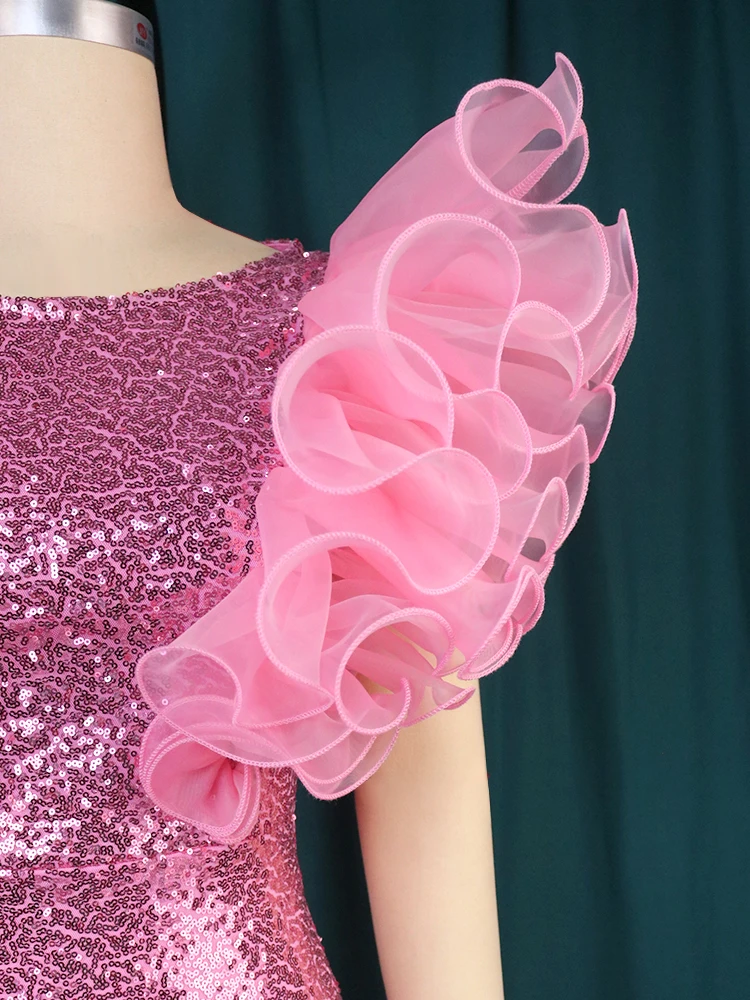 Pink Sequin Dress for Elegant Women Plus Size Party Ruffles Sleeveless Curvy Long Cocktail Chirstmas Evenging  Event Gowns 4XL