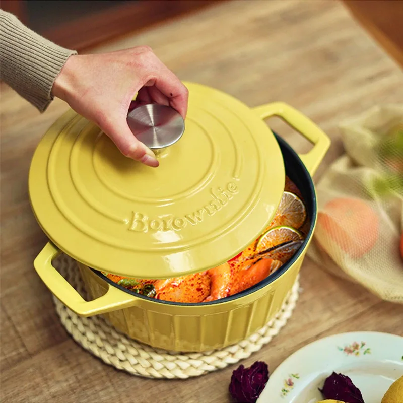 

Enameled Cast Iron Cookware Pot Double Ear Non-stick Soup Pot Uncoated Micro Pressure Braised Enamel Pot for Cooking