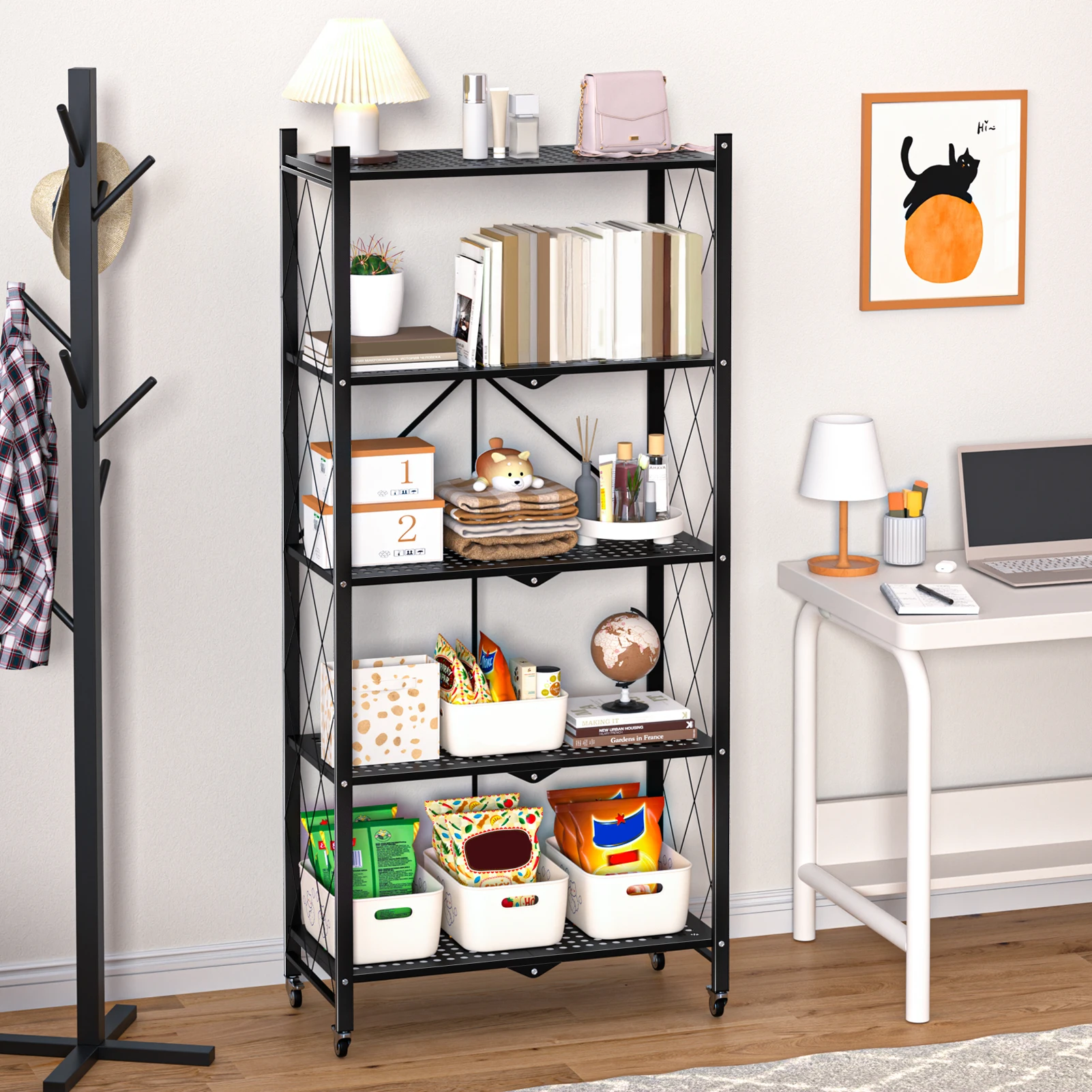 5 Tiers Tools Storage Foldable Partition Lightweight Convenient Kitchen Cabinet Storage Rack Mobile Storage Shelves for Garage 5