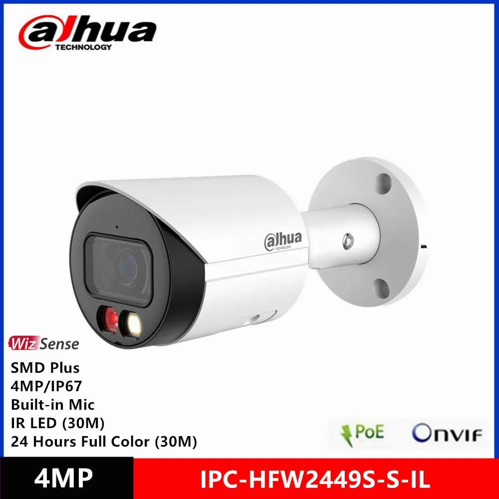 Dahua DH-IPC-HFW2449S-S-IL 2.8MM 4MP WizSense Outdoor Surveillance Camera IR & Full color Smart Dual Light POE IP 67 Built-in Wireless Lavalier Microphone SMD Plus