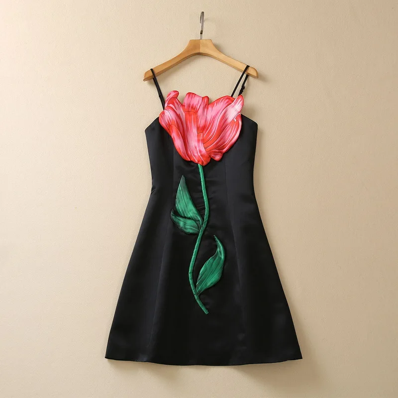 

European and American women's clothes 2023 spring new sling Three-dimensional flower applique Fashionable dress