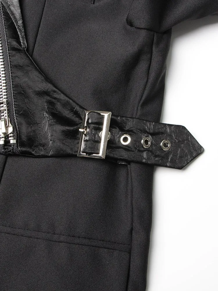 KBQ Spliced Zipper Asymmetrical Black Blazer For Women Notched Collar Long Sleeve Patchwork Pocket Temperament Blazers Female