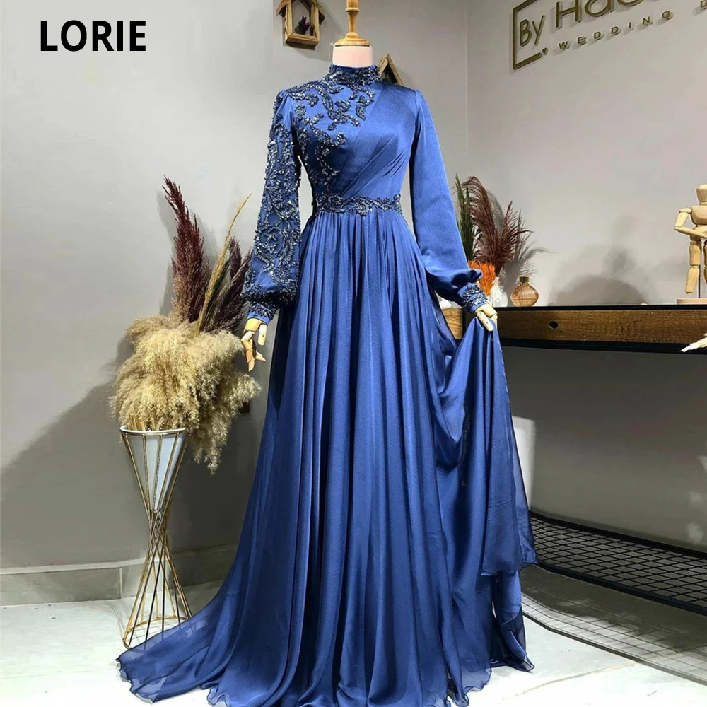 

LORIE Royal Blue Elegant Muslim Women Formal Dress Robes De Soirée Beads Dubai Arabic Long Sleeves Evening Party Prom Dresses