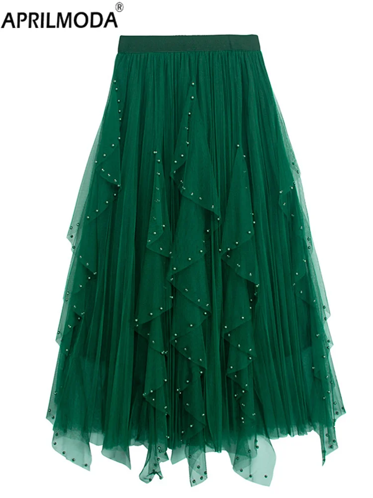

2024 Elegant Solid Midi Long Swing Mesh Skirt Fashion Korean Green High Waist Irregular Hem Tiered Ruffles Maxi Tulle Skirts