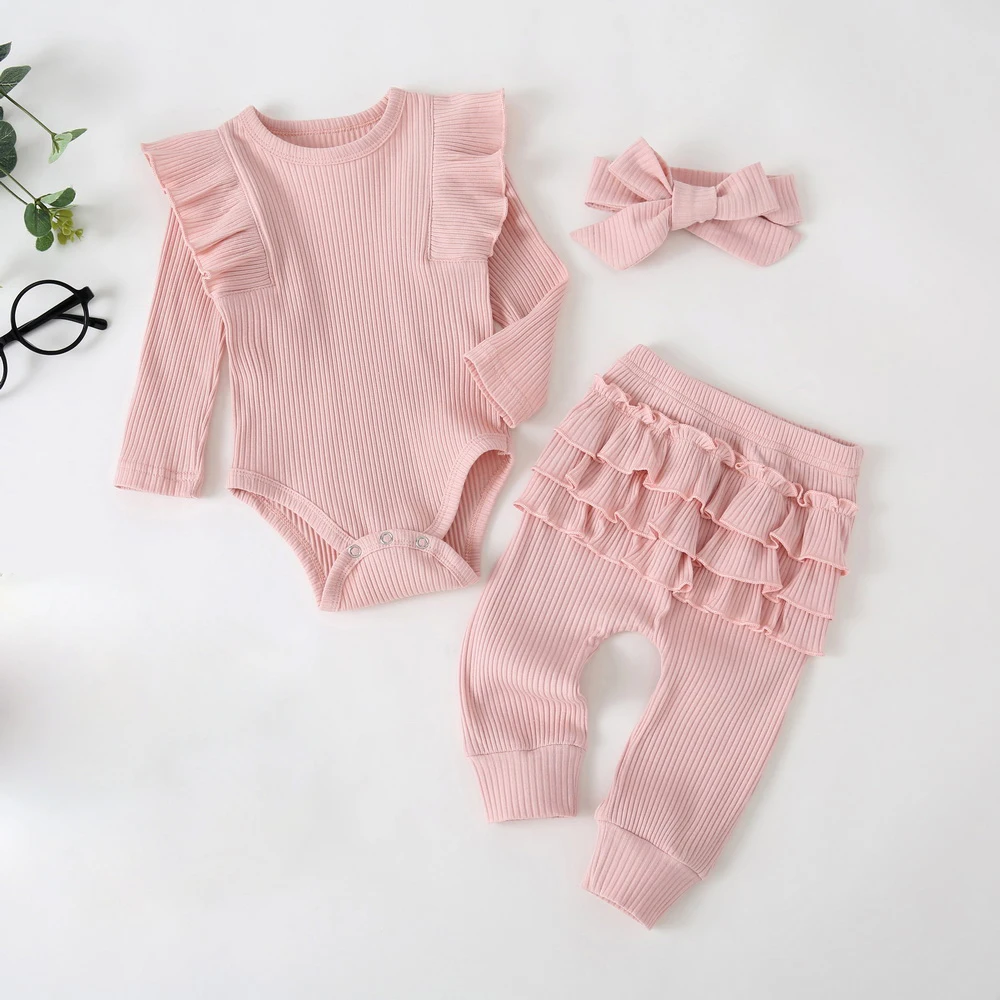 

Pants Autumn Regular Headband Long Sleeve Solid Girls Romper Sports 3 Piece Round Neck