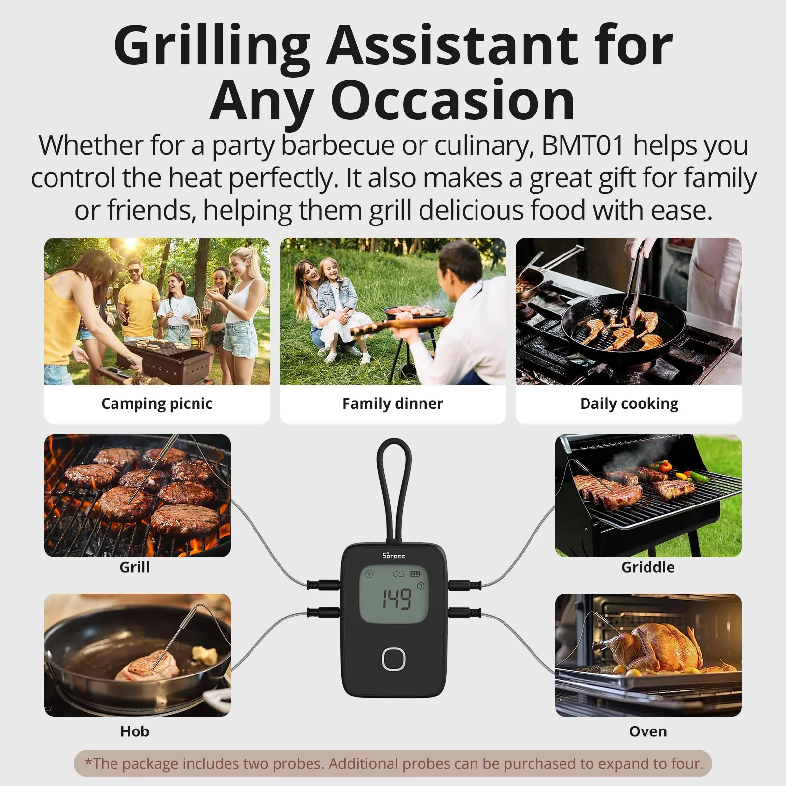 SONOFF BMT01 BBQ Meat Thermometer Wireless Smart Grilling Tool Cooking Temperature Alerts Timer Reminder Temp Chart eWeLink APP Smart Thermometer
