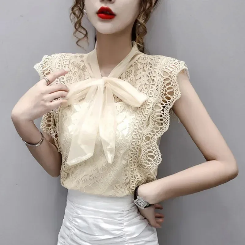 Women's Solid Hollow Out Shirt Korean Fashion Clothing Vintage Sleeveless Tops Lace Blouses With Bow 9811