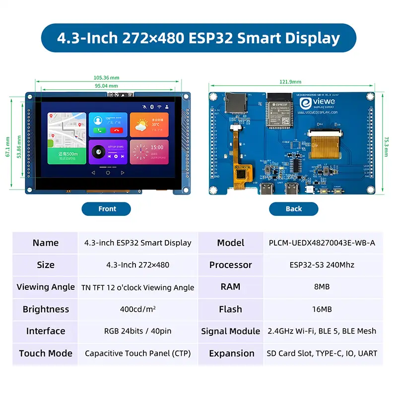 ESP32 S3 4.3 Inch 480*272 Capacitive Touch Screen 8MB PSRAM 16M Flash 240 MHz Development Board for LVGL WIFI Bluetooth image 4
