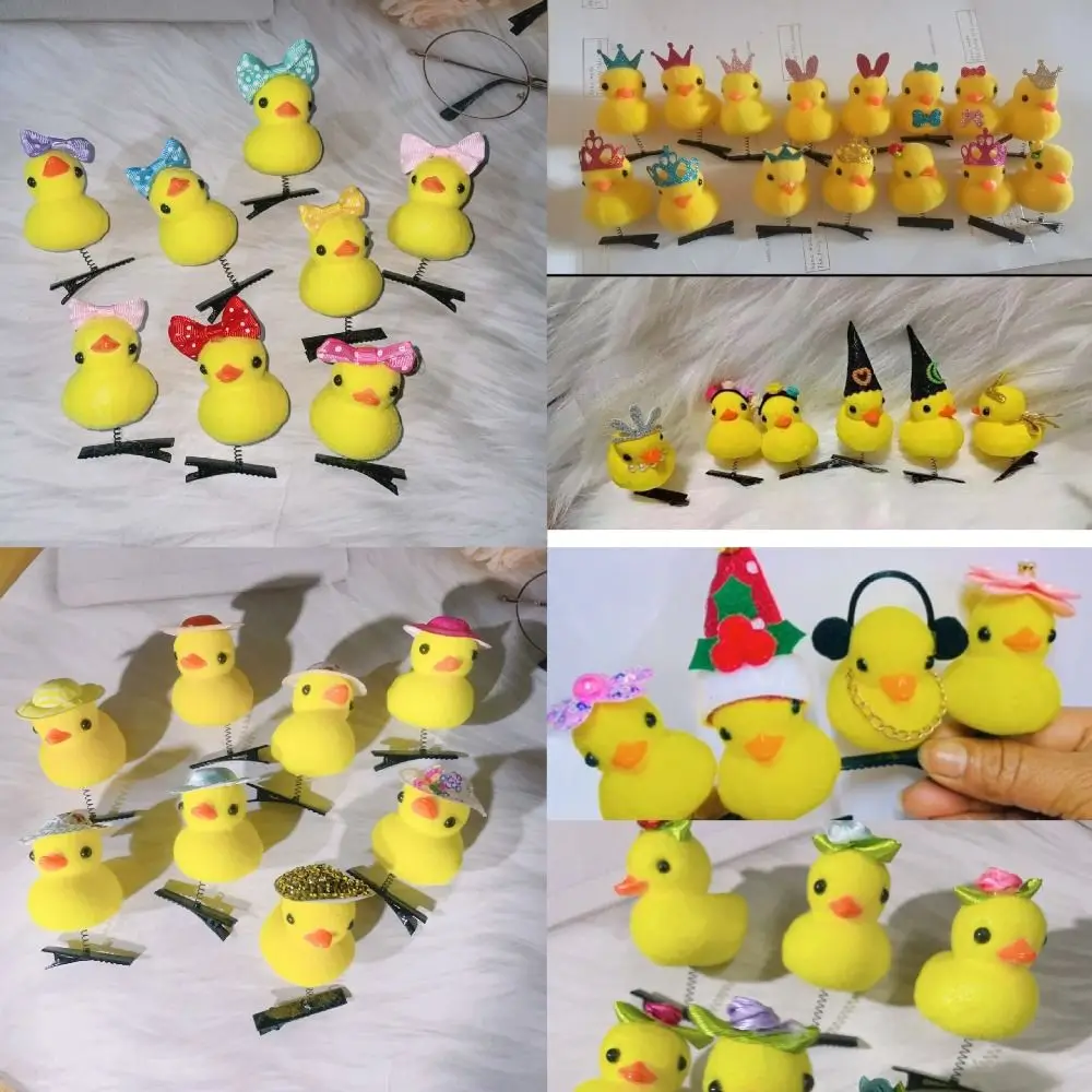 

10pcs Plush Hairpin 2024 Little Yellow Duck Cartoon 3D Spring Duckbill Clip Bowknot Animal Headdress Children