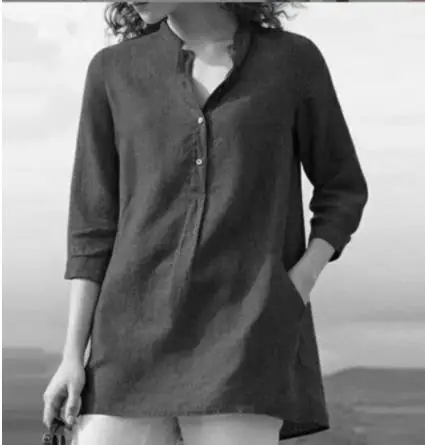 

Women's Shirt 2023 Spring Summer New Cotton Linen Stand Collar Blouse Fashion Solid Colour Long Sleeve Loose Female Casual Tops