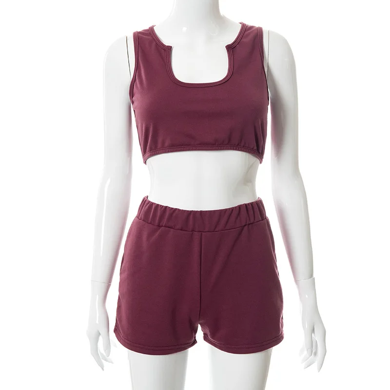 Summer Casual Sport Shorts Set Women U-Neck Sleeveless Vest Solid Color High Waist Slim Shorts Two Piece Set Wine Red Streetwear