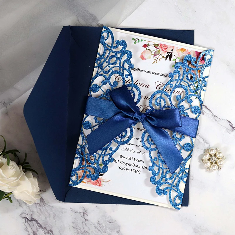 10PCS Laser Cut Blue Glitter Wedding Invitations with Ribbon – Elegant Gold Glitter Gre... - SKU LCIC0857 - UGI Packaging