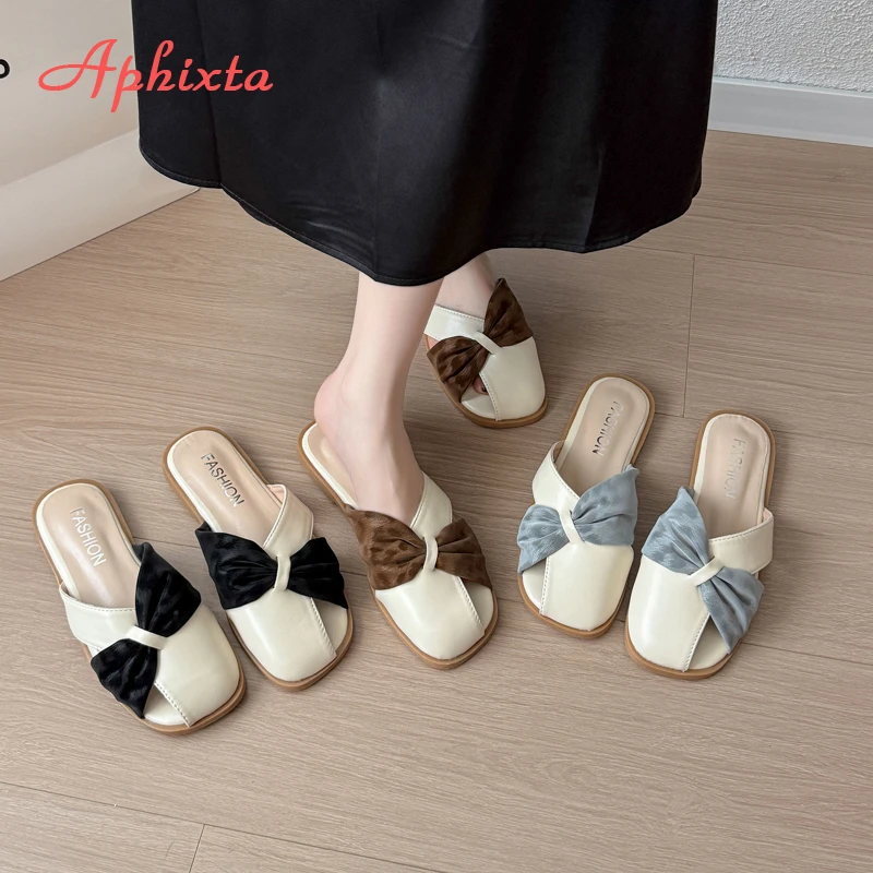Aphixta Women Flat With Slides Sweet Bow Dec Slip On Outside Slippers for Women Summer Beach 2025 Trend Shoes Sandalias De Mujer