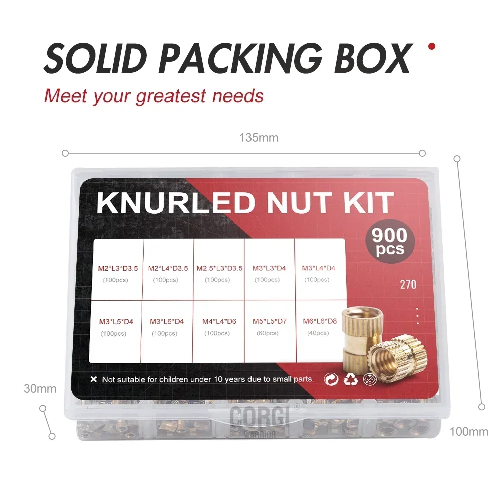 Brass Insert Nut Assortment Kit M2 M2.5 M3 M4 M5 M6 Female Thread Knurled Embedment Injection Nuts for 3D Printing up to 1300P