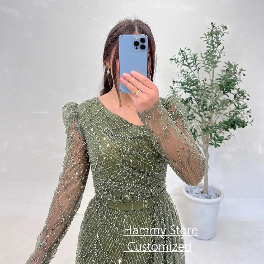 Sequined Mermaid Evening Dress Customized V Neck Full Sleeves Beading Pearls Sweep Train Prom Party Gown Robe De Soiree 3