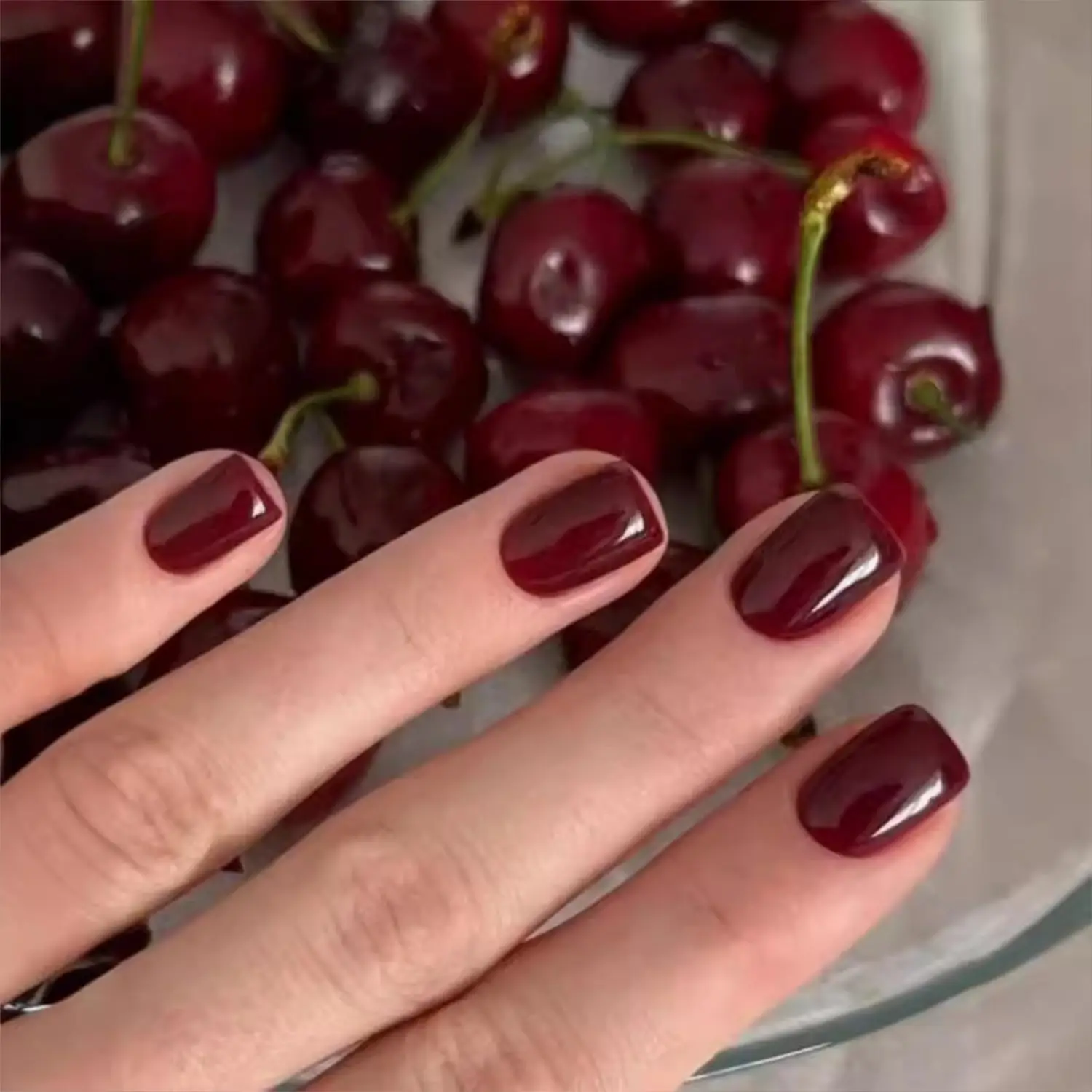 Cherry Red Short Square Press On Nails Full Cover Glossy Tips_voghion.com