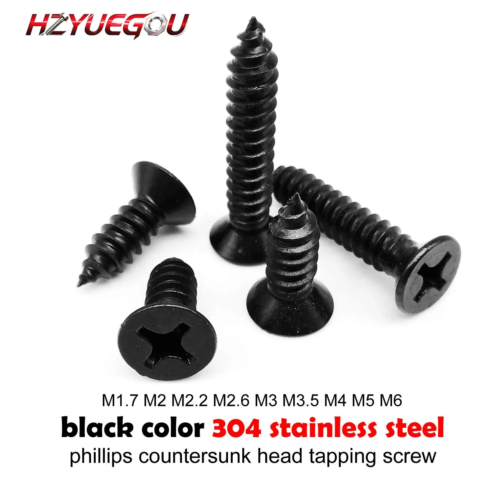 HZYUEGOU M1.7 M2 M2.6 M3 M3.5 M4 M5 M6 Schwarze 304 A2 Edelstahl Kreuzschlitz-Flachkopf-Senkkopf-Selbstschneidende Holzschraube