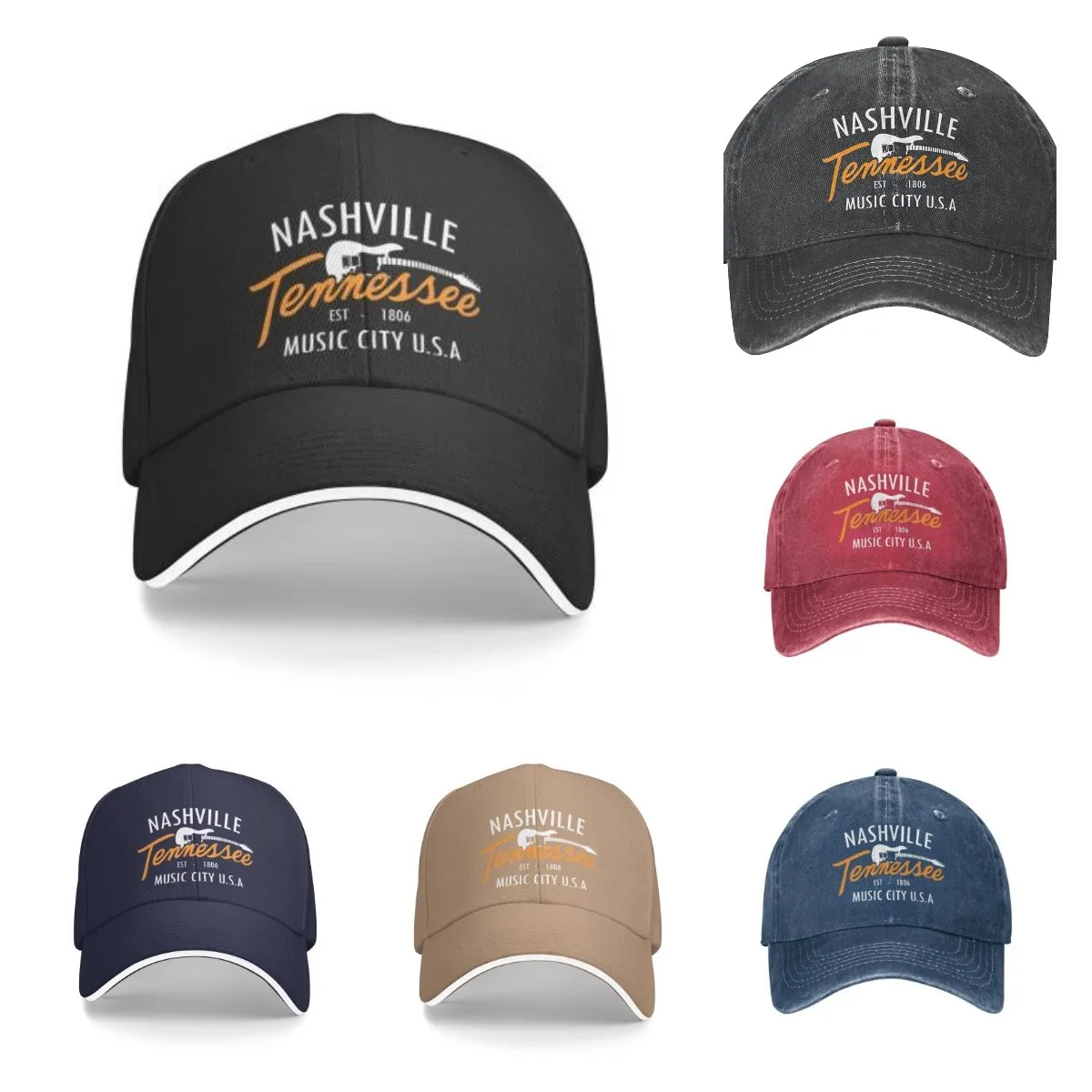Guitar Nashville Music City Baseball Cap Unisex Adjustable Denim Hat Adult Four Seasons
