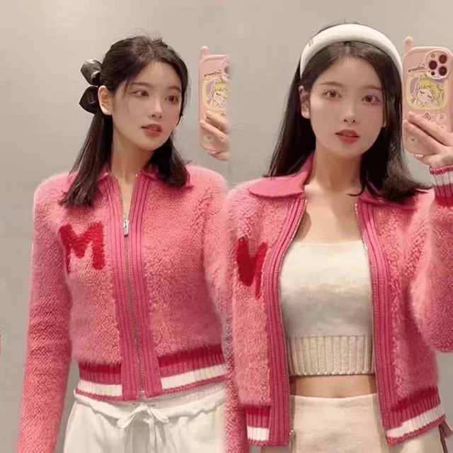 레터 M 니트 가디건 어깨 패드 캐시미어 밍크 스웨터 코트