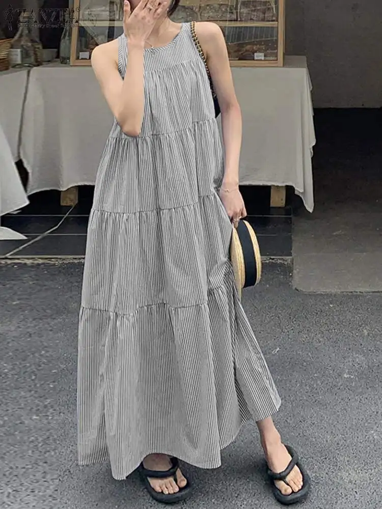 

ZANZEA Bohemian Stripe Maxi Dresses Summer Holiday Beach Sundress Women O Neck Sleeveless Robe Elegant Loose Long Dress Vestidos