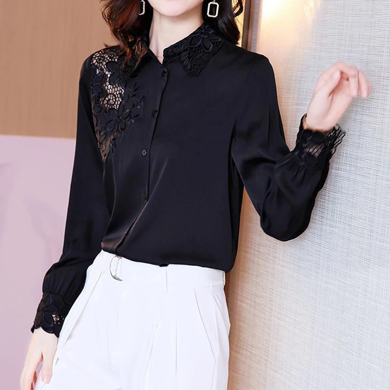 여성용 캐주얼 턴다운 칼라 블라우스, 자수 할로우 아웃 가디건 셔츠, 여성용 쉬폰 상의, 봄 가을 패션
