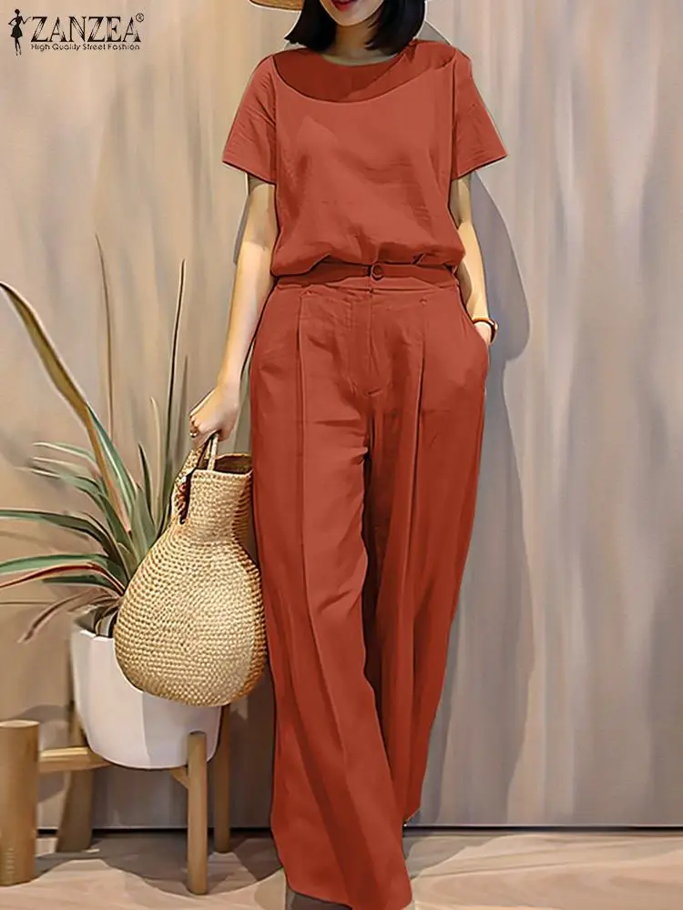 

Женские винтажные брючные костюмы ZANZEA, однотонные Свободные повседневные блузки оверсайз с коротким рукавом, комплект из 2 предметов, лето 2024