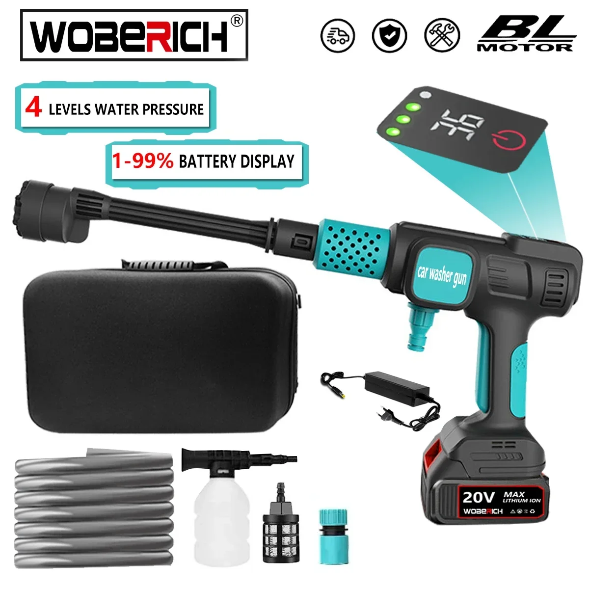 WOBERICH Brushless Electric High Pressure Washer 280Bar Cordless Car Washing Gun Water 4 Gears Digital Display for Makita 18V, performance operation washing display compatible